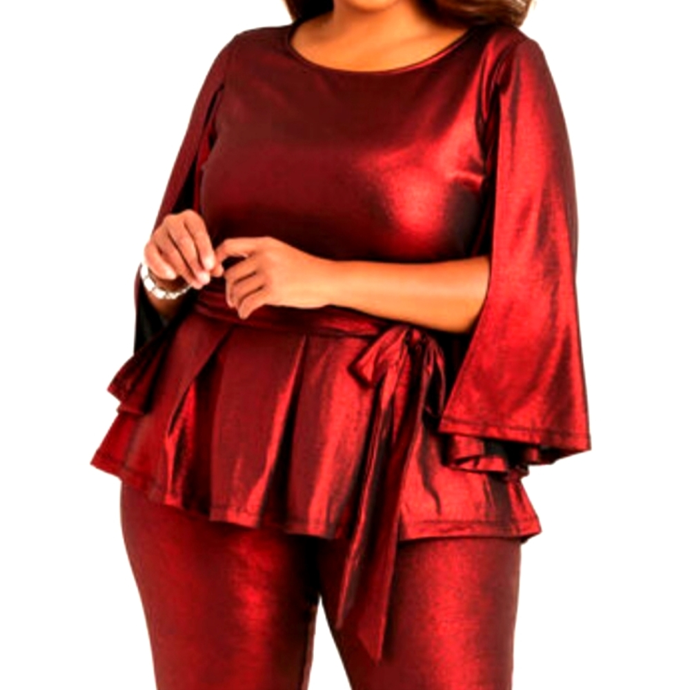 Metallic Red Peplum top + Red JOGGER + Red Duster coat
